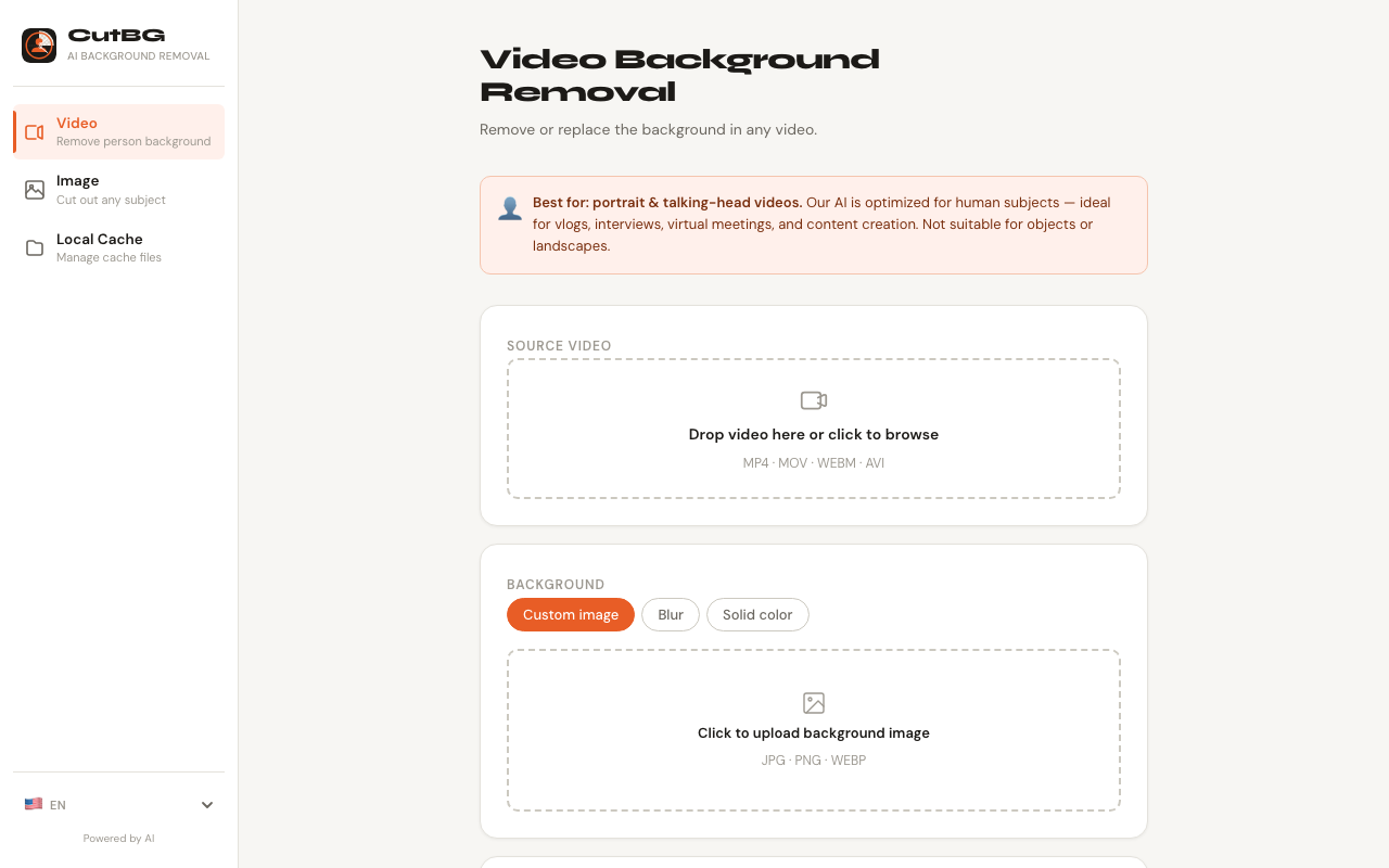 CutBG video background removal workspace with upload settings, background mode controls, threshold adjustment, and task progress