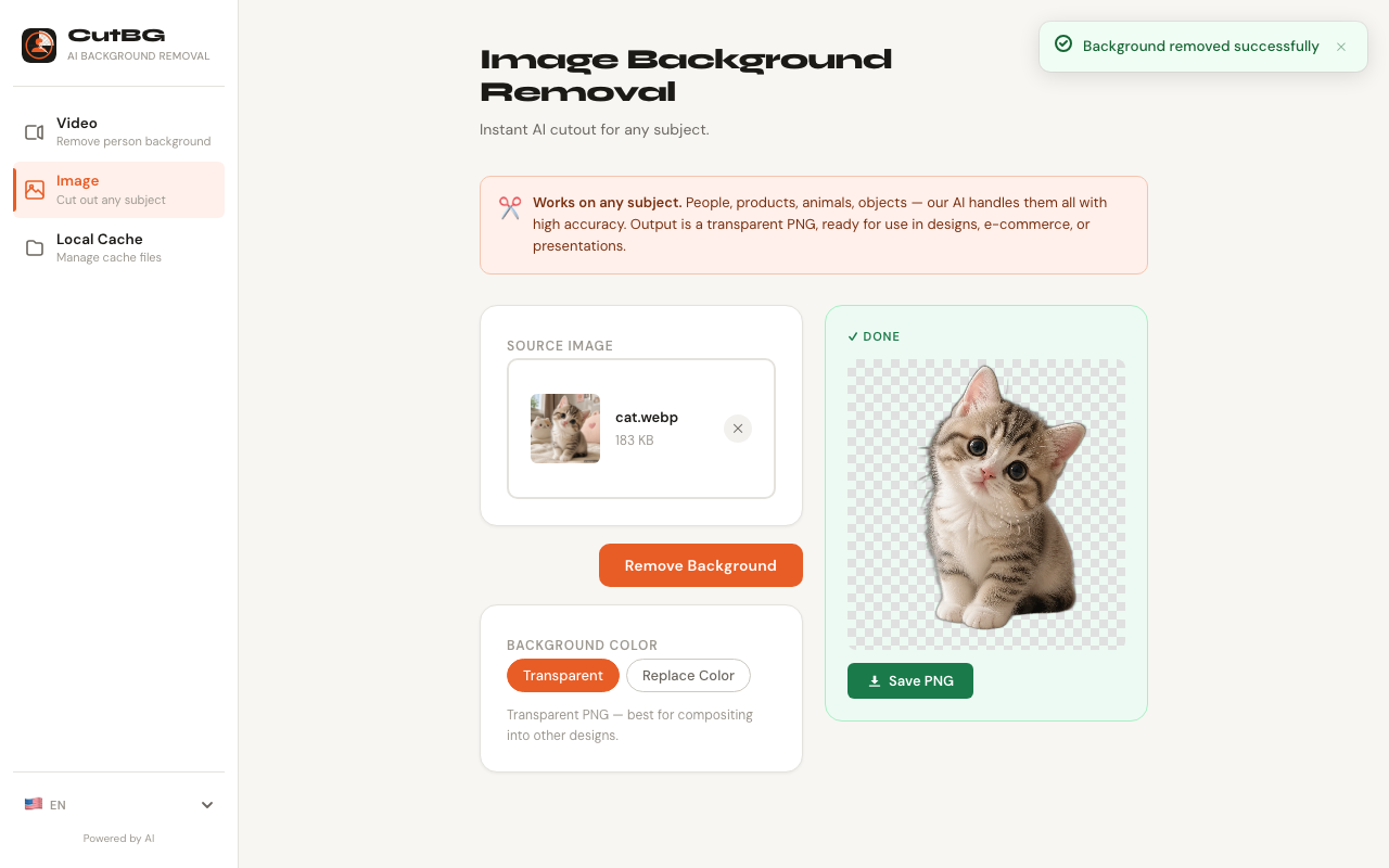 CutBG image background removal result showing an animal cutout example generated from a cat photo