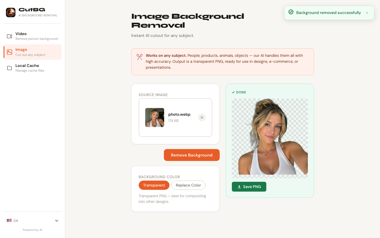 CutBG image background removal result showing a processed portrait cutout preview and download controls
