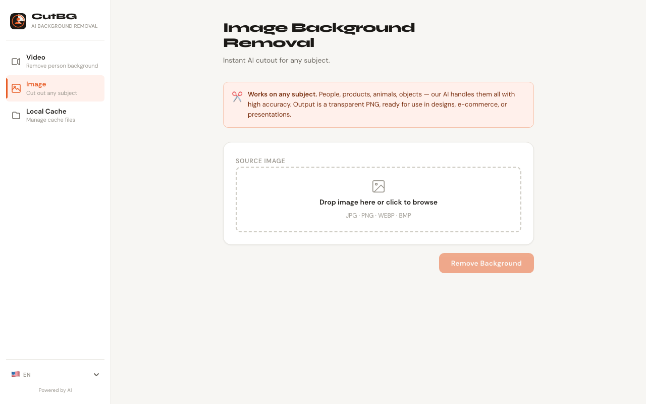 CutBG image background remover upload screen with transparent and white background output options