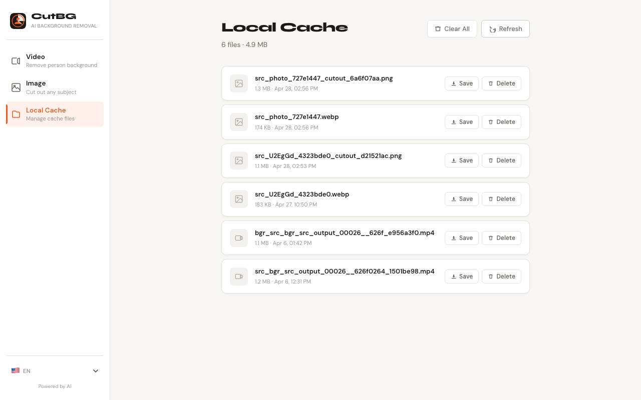 CutBG file manager screen for previewing, downloading, and deleting processed videos and images