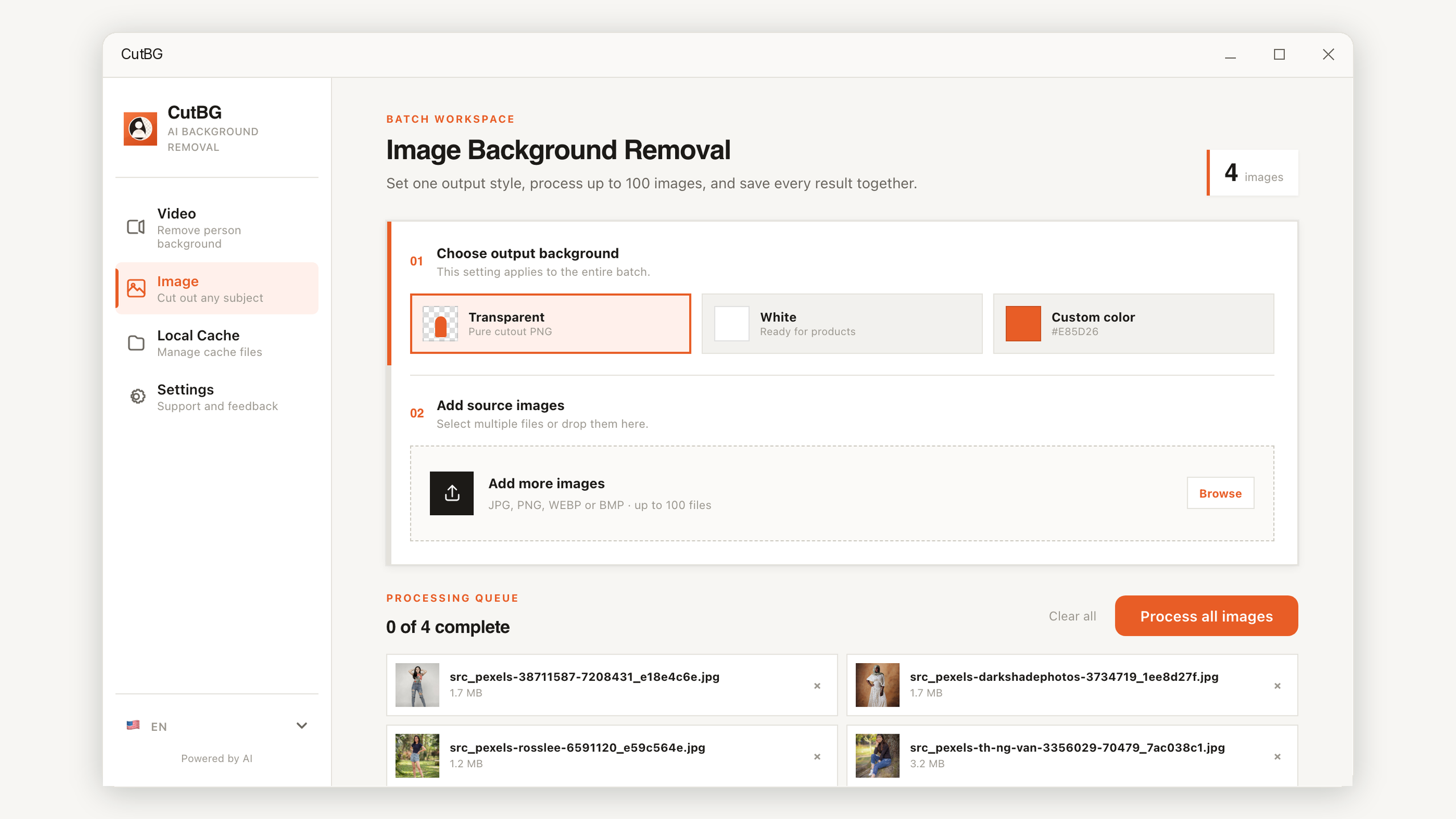 CutBG image background remover with multiple photos selected and transparent, white, and custom background options