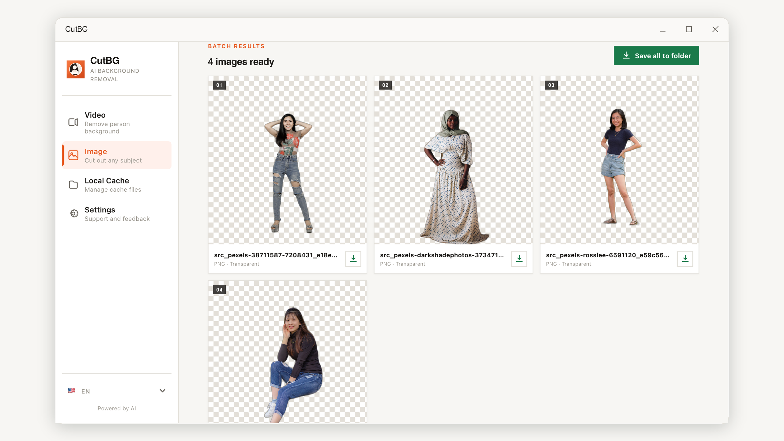 CutBG batch background removal results showing several completed image cutouts in proportional previews