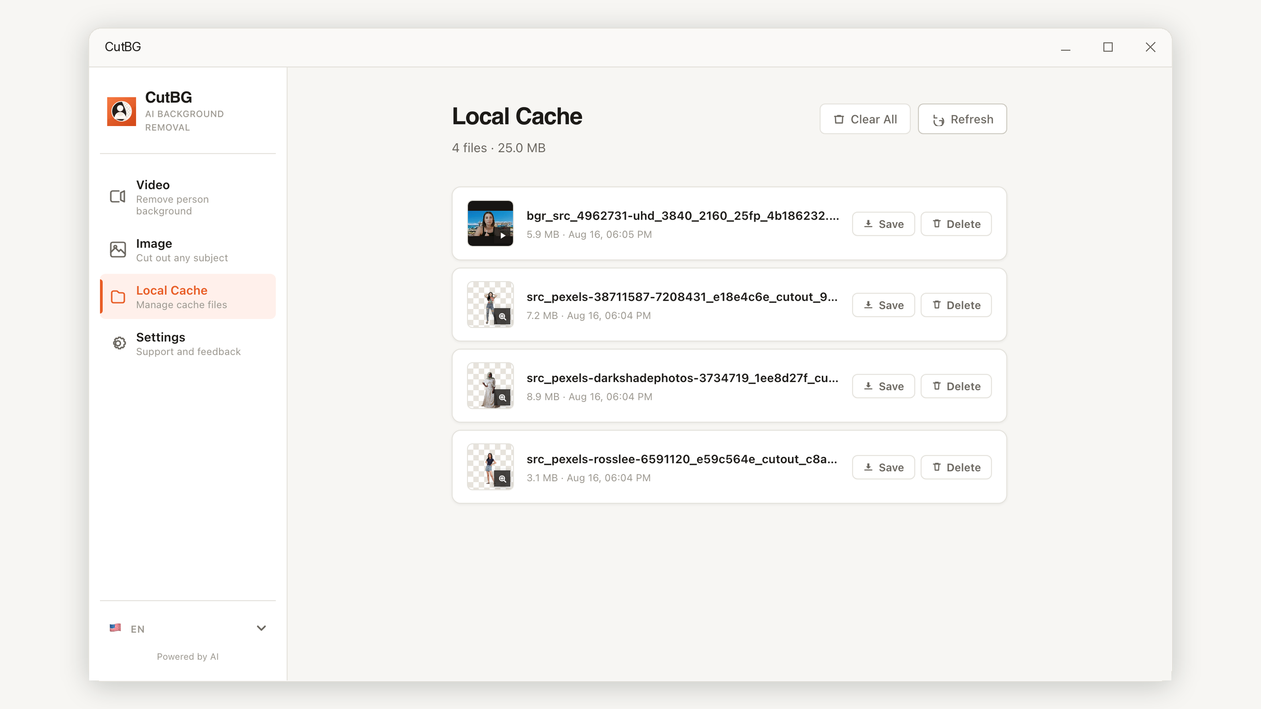 CutBG local cache showing generated videos and image cutouts with preview, save, play, and delete actions