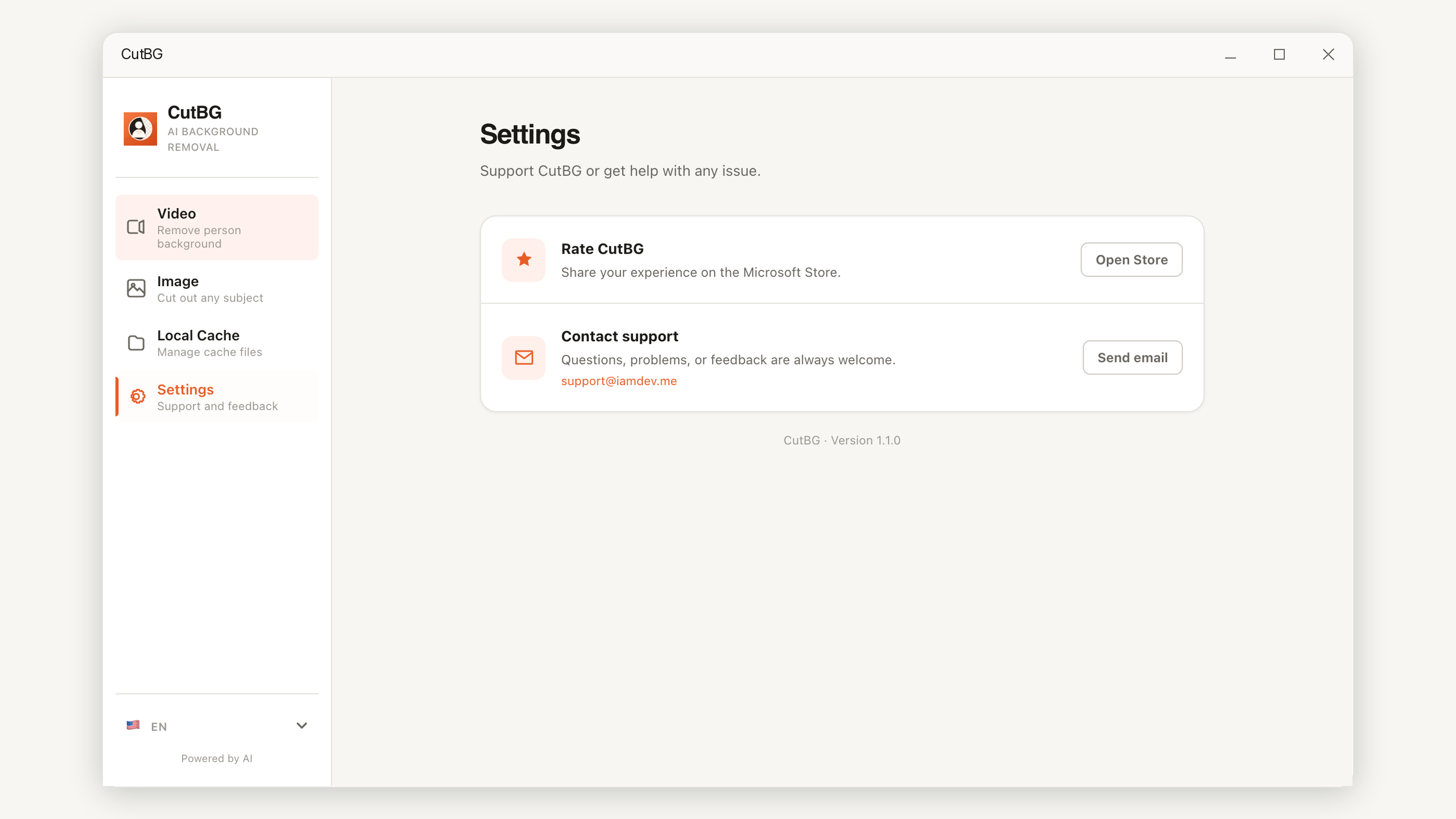 CutBG settings page with nine interface languages, privacy information, app rating, and support contact